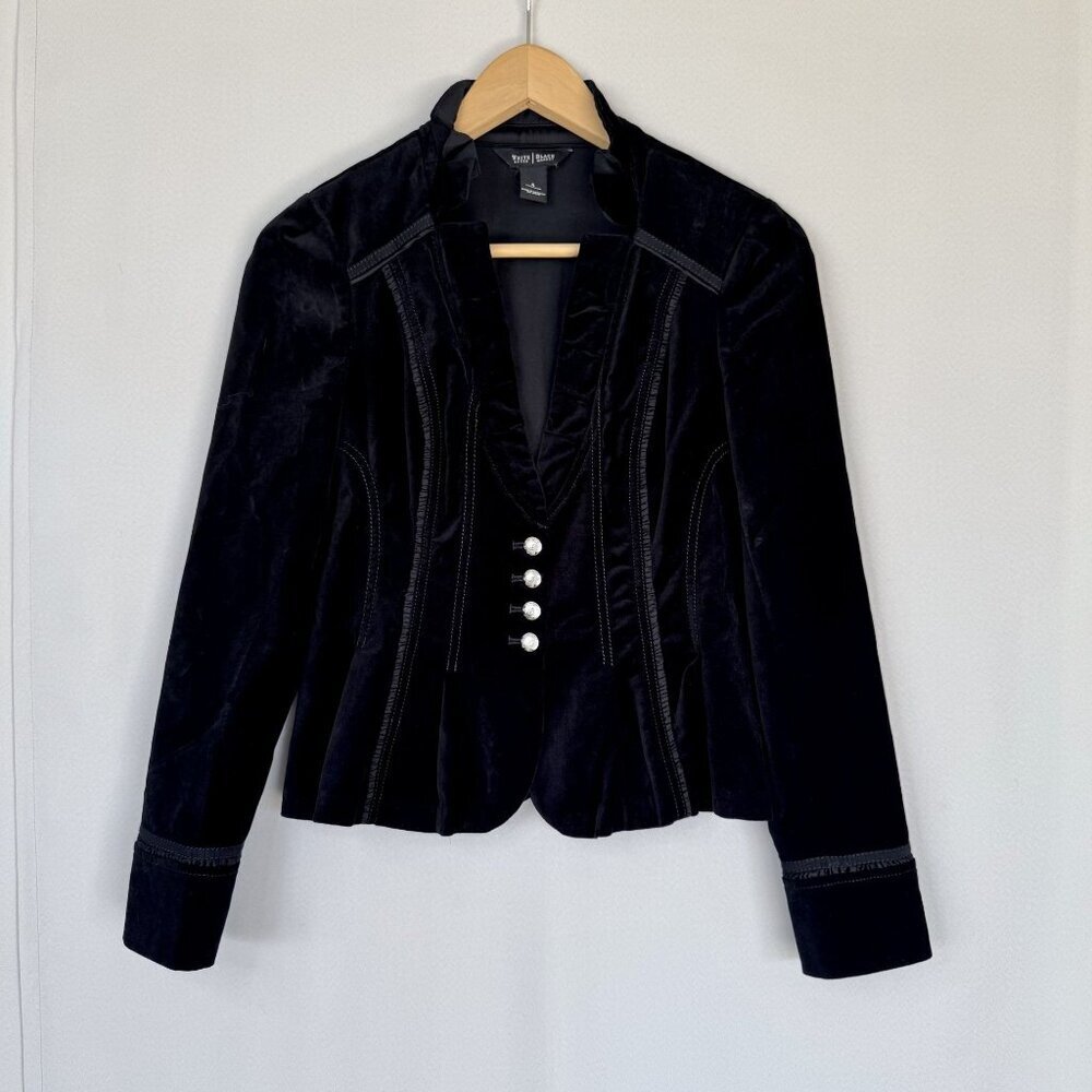 Y2K WHBM Black Stretch Velvet High Collar‎ Silver Button Military Blazer Size 4